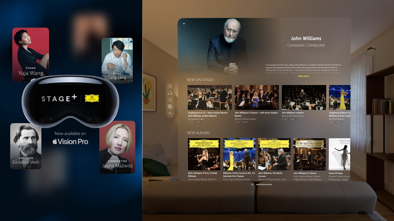Screenshot des audiovisuellen Streaming-Dienstes von Deutsche Grammophon auf einem Apple Vision Pro, mit einer Benutzeroberfl&auml;che, die Musikk&uuml;nstler und Konzertaufnahmen in einem eleganten, dunklen Design zeigt.