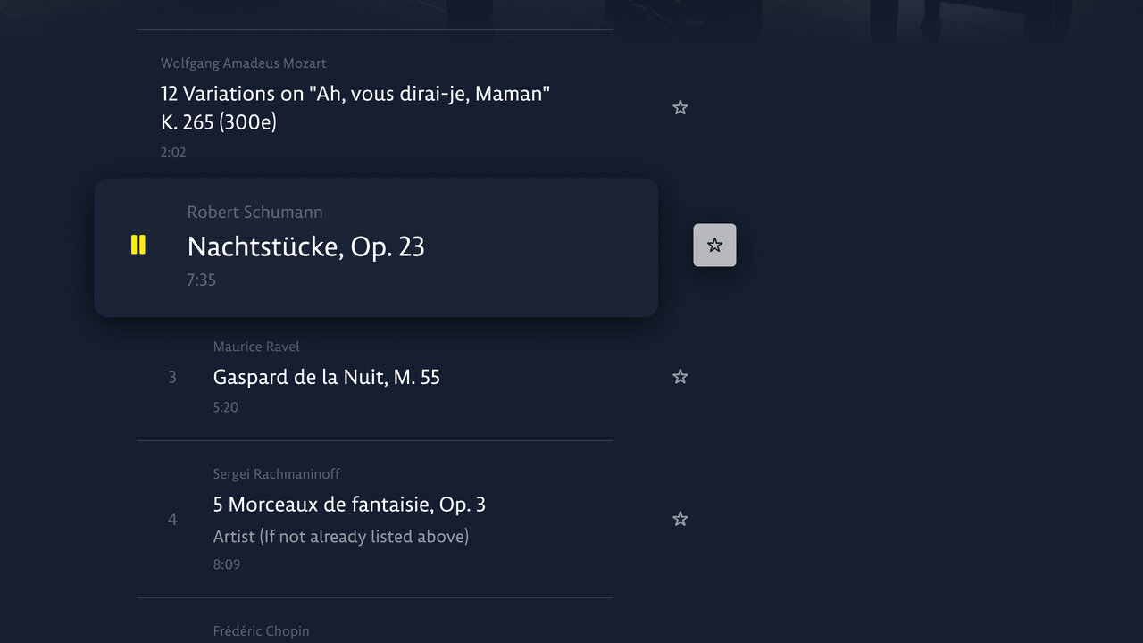 Musikplayer-Bildschirm mit einer Liste von Musikst&uuml;cken, darunter "Nachtst&uuml;cke, Op. 23" und "Gaspard de la Nuit, M. 55", in einem dunklen, minimalistischen Design.