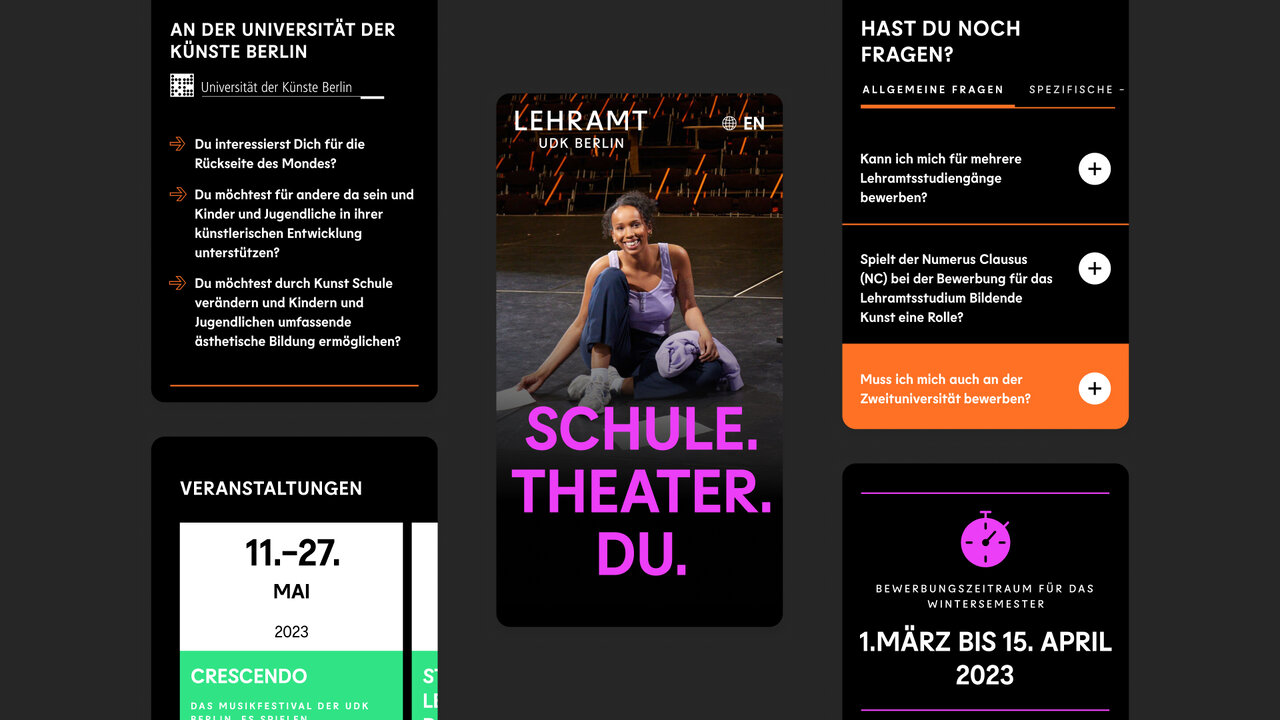 Eine Webbanner-Collage der UdK Berlin mit Fokus auf eine Kampagne f&uuml;r Lehramtsstudieng&auml;nge, die eine Person in einem dynamischen Pose vor dem Schriftzug "SCHULE. THEATER. DU." zeigt, umgeben von verschiedenen Informationsbl&ouml;cken und Veranstaltungsdaten.