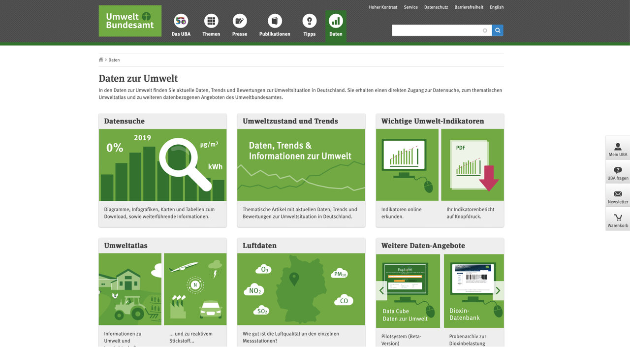 Webseite des Umweltbundesamtes mit gr&uuml;n-wei&szlig;em Design, die verschiedene Umwelt-Kategorien und Informationsbereiche in quadratischen Kacheln &uuml;bersichtlich pr&auml;sentiert, mit Symbolen und Grafiken f&uuml;r Daten, Trends und Umweltindikatoren.