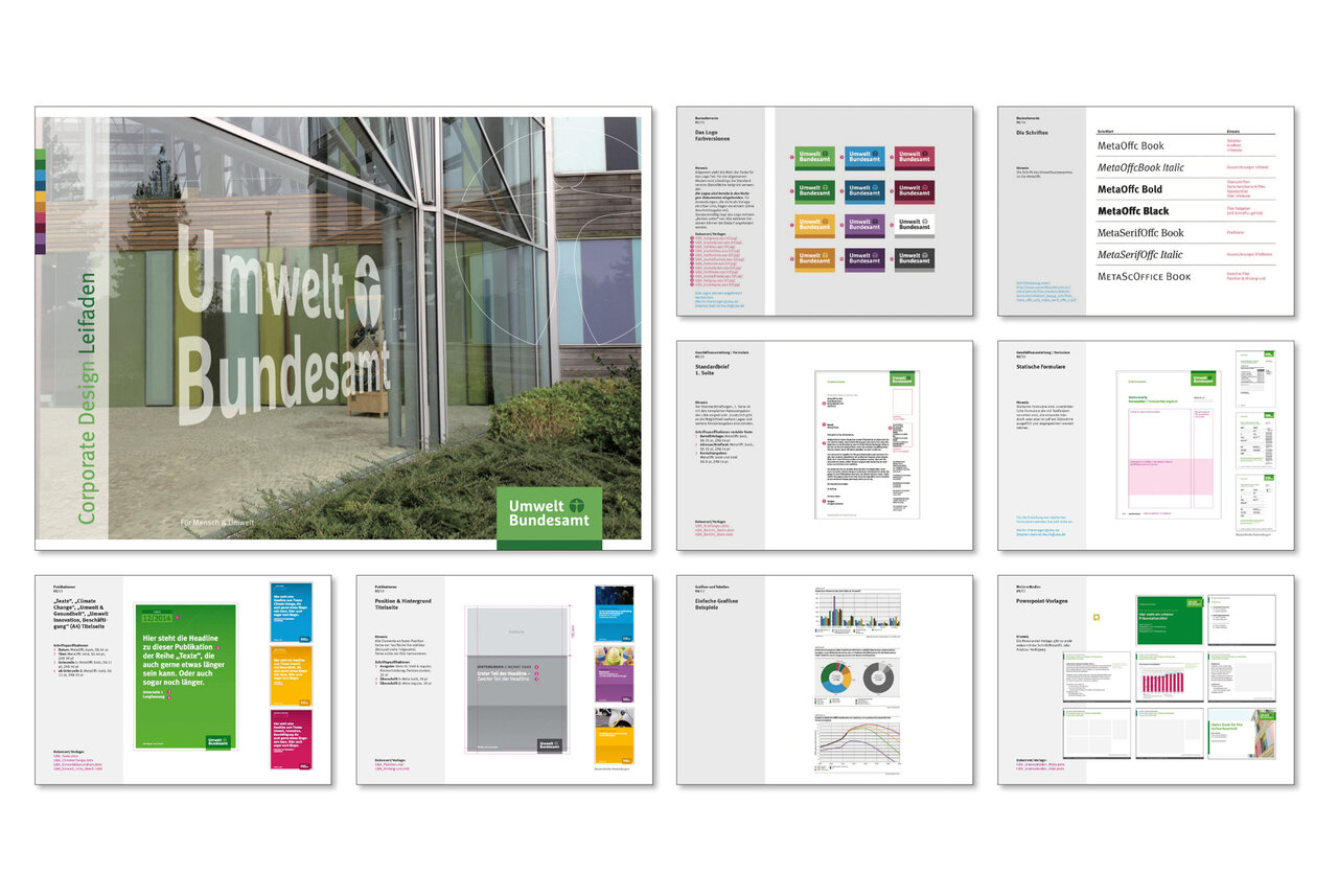 Corporate Design Dokumentation f&uuml;r das Umweltbundesamt, bestehend aus Designrichtlinien, Farbpaletten, Layoutvorlagen und Anwendungsbeispielen in verschiedenen Medien wie Printpublikationen, Website und App.