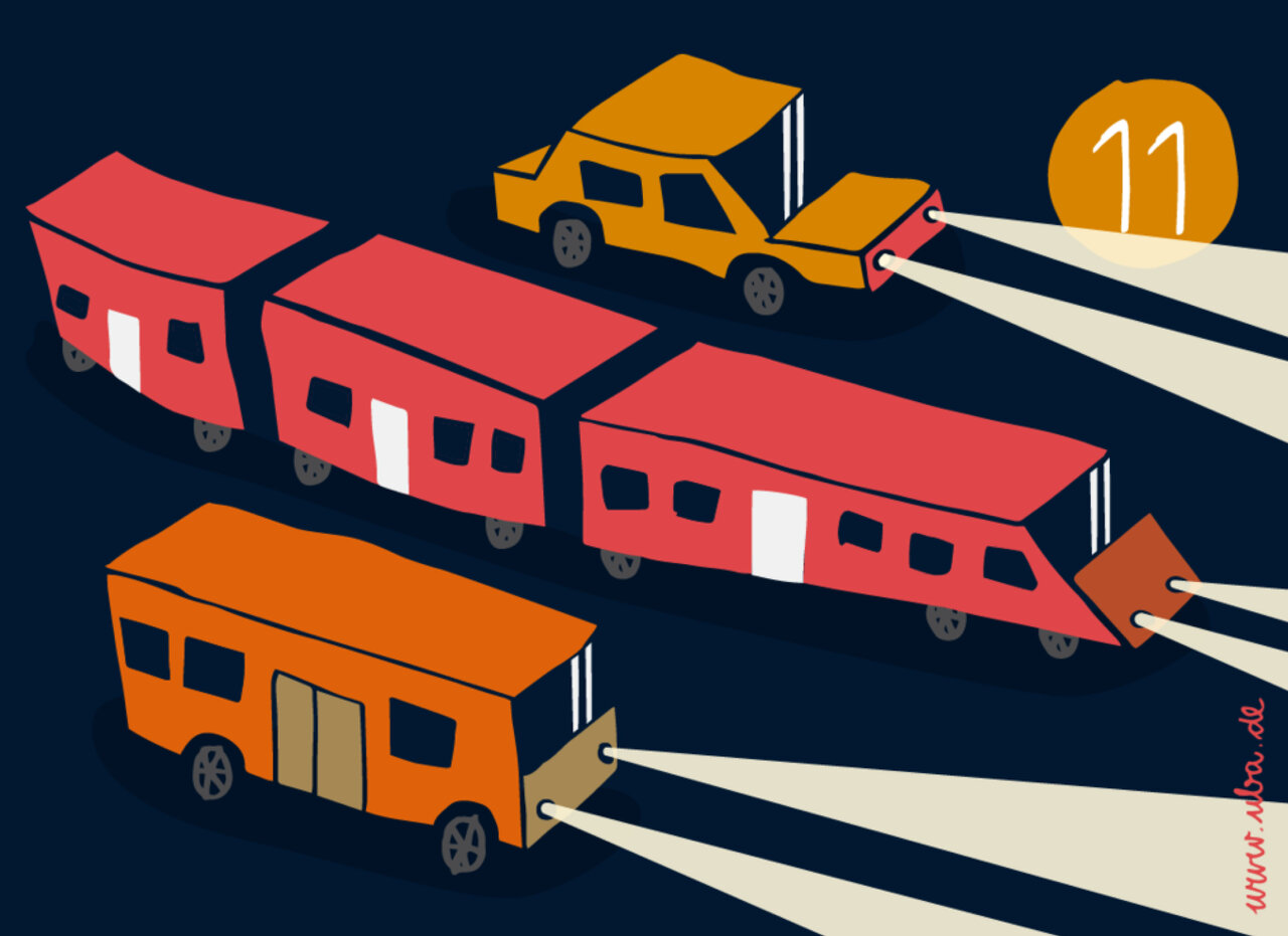 Grafische Darstellung von drei Fahrzeugen - ein gelbes Auto und zwei rote und orangefarbene Z&uuml;ge oder Busse - die vor einem dunkelblauen Hintergrund mit einer Nummer 11 und langen Lichtreflexionen abgebildet sind.