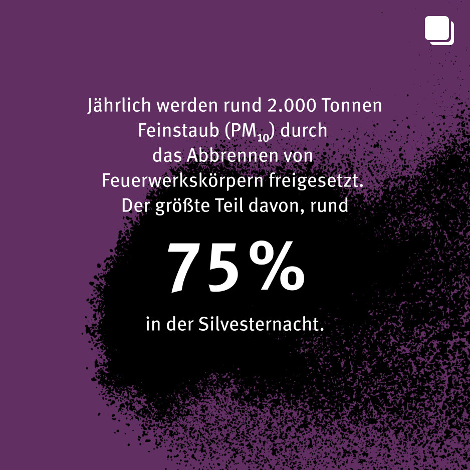 75% der j&auml;hrlich 2.000 Tonnen Feinstaub werden in der Silvesternacht durch Abverbrennen von Feuerwerksk&ouml;rpern freigesetzt, auf einem lila-schwarzen Hintergrund mit dynamischer Staubgrafik.