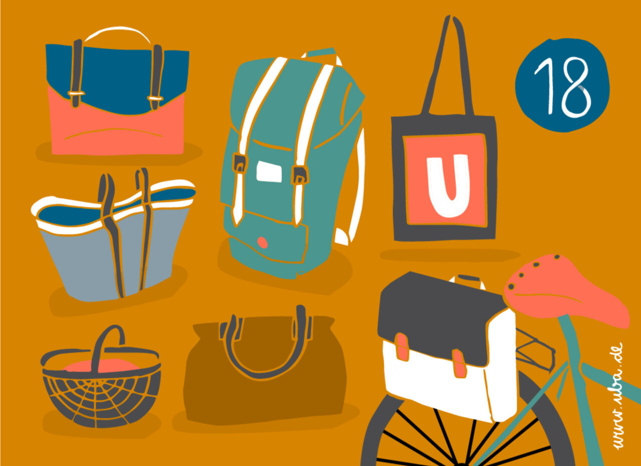 Verschiedene Taschen und Rucks&auml;cke in blau, grau, rosa und wei&szlig; auf orangefarbenem Hintergrund, darunter eine Einkaufstasche, ein Rucksack, eine Umh&auml;ngetasche und eine Tragetasche mit dem Buchstaben U.