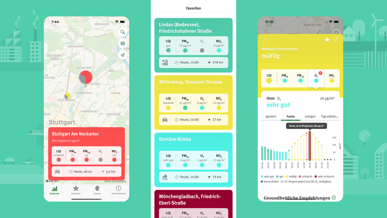 UI-Design einer Umwelt-App mit drei Smartphone-Bildschirmen, die Karten, Luftqualit&auml;tsdaten und Umweltinformationen f&uuml;r Stuttgart in verschiedenen Farben und Grafiken darstellen.