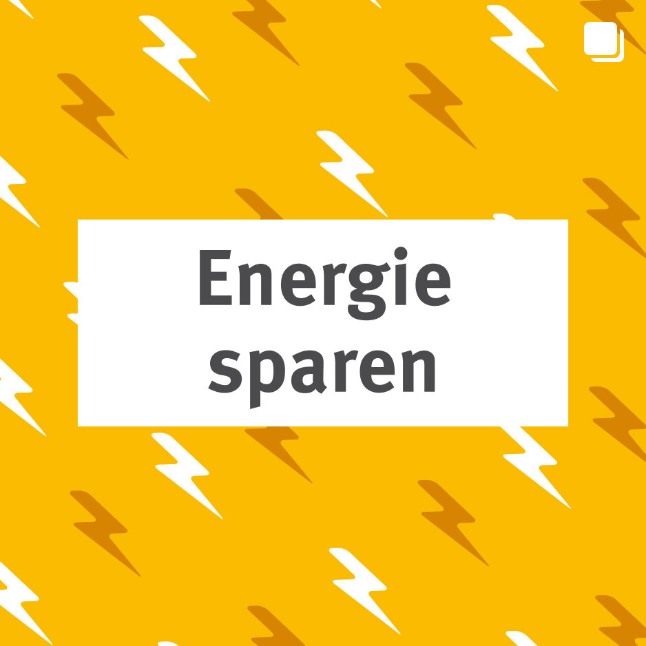 Gelber Hintergrund mit wei&szlig;en Blitzen, die Energiesparen symbolisieren. Wei&szlig;es Textfeld in der Mitte mit der Aufschrift "Energie sparen".