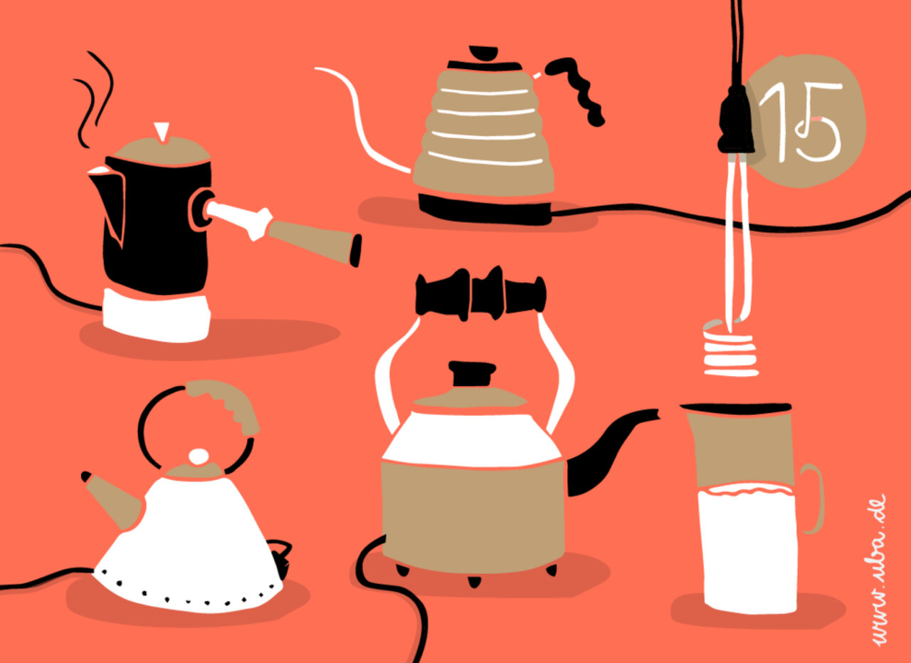 Stilisierte Illustration verschiedener Kaffeemaschinen und Wasserkocher in Koralle und Wei&szlig;. Kaffeeger&auml;tschaften wie Espressokocher, Wasserkessel und Tropfenbr&uuml;her sind mit Kabeln verbunden, die eine moderne und kreative K&uuml;chen-Designsprache vermitteln.