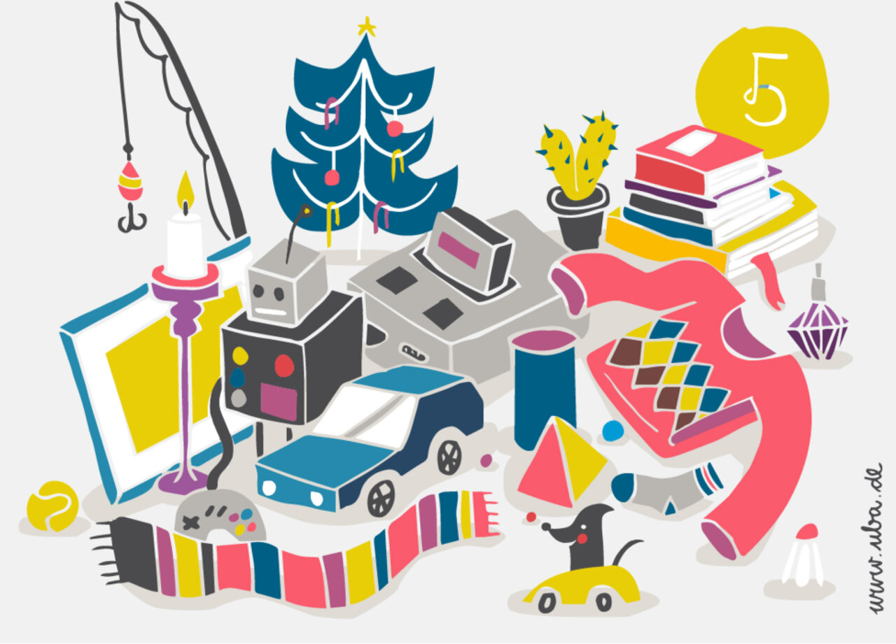 Bunte, geometrische Illustration mit verschiedenen Alltagsgegenst&auml;nden wie einem Auto, B&uuml;chern, einem Weihnachtsbaum, Elektronikger&auml;ten und Geometrieformen in einem verspielten, abstrakten Kompositionsstil.