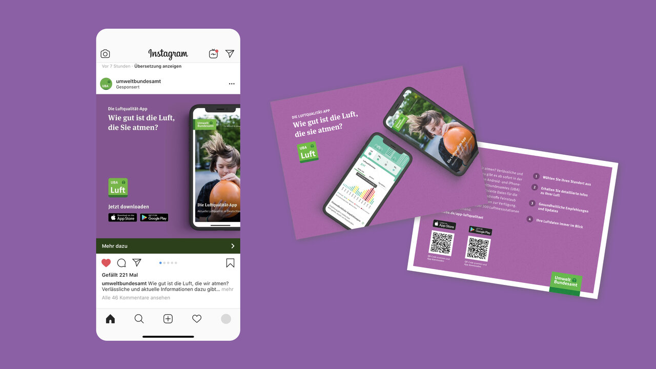 Instagram-Mockup mit Smartphone-Darstellung und App-Design in Lila und Gr&uuml;n f&uuml;r ein Umweltprojekt. Mehrere Screens zeigen eine mobile Anwendung mit Umweltthemen, abgebildet auf einem lila Hintergrund mit Designelementen wie QR-Codes und Brosch&uuml;ren.