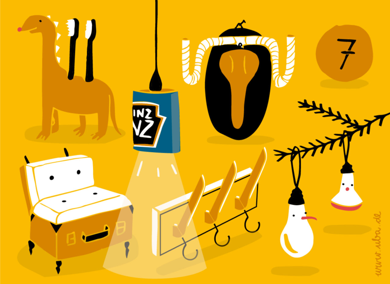 Grafische Illustration in Gelb mit verschiedenen surrealen Objekten wie einer Gl&uuml;hbirne, einem Dinosaurier, einer Kaffeekanne, Haken und Gl&uuml;hlampen in stilisierter, minimalistischer Darstellung.