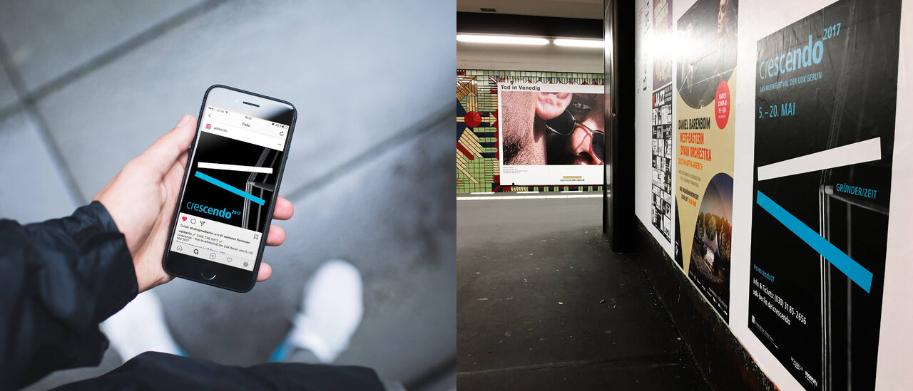 Eine Smartphone-Hand zeigt eine Website-Vorschau von Studio Good und im Hintergrund sind Poster und Plakatw&auml;nde mit dem visuellen Design f&uuml;r das Musikfestival crescendo zu sehen.