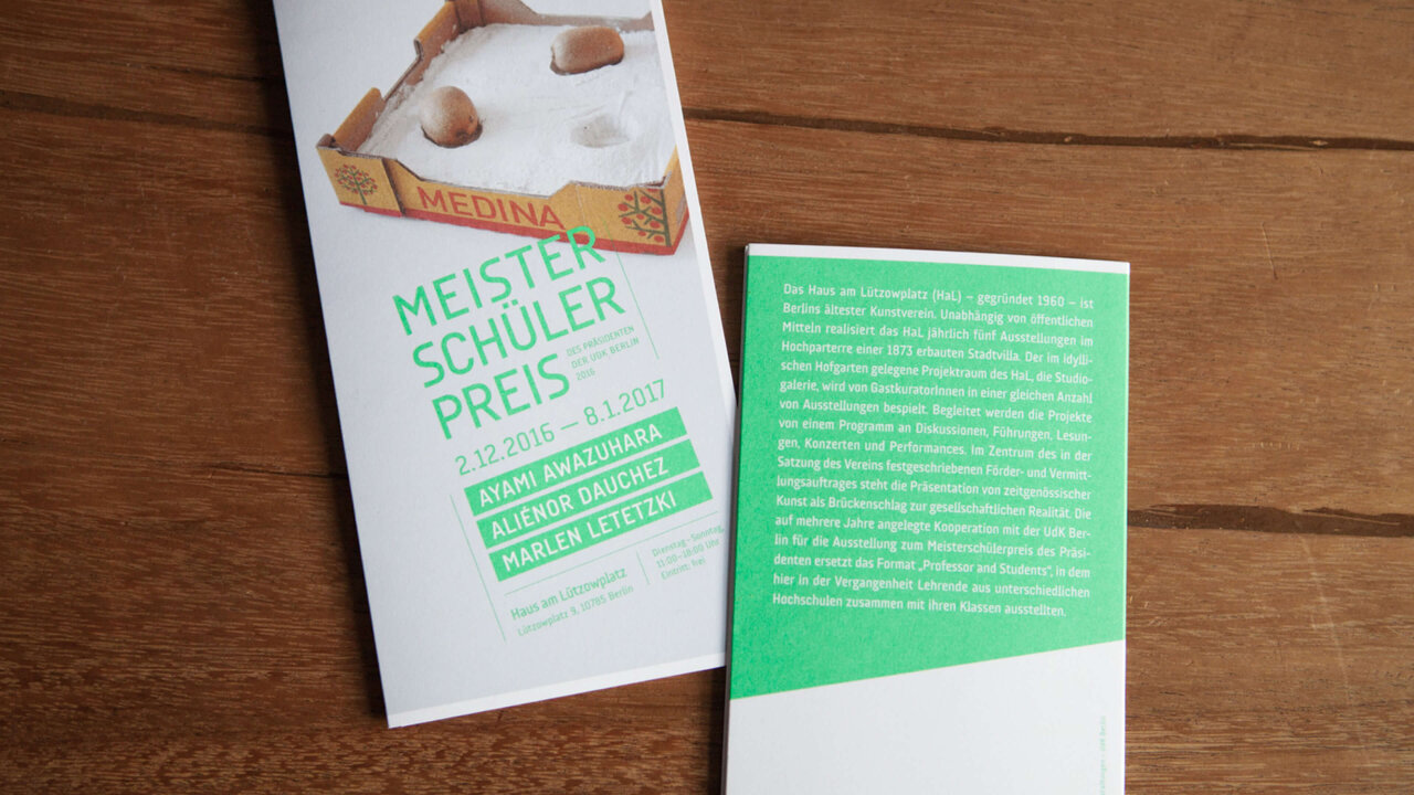 Zwei Brosch&uuml;ren oder Publikationen mit gr&uuml;n-wei&szlig;em Design auf einem Holzuntergrund. Die linke Brosch&uuml;re tr&auml;gt den Titel "Meistersch&uuml;lerpreis" in gr&uuml;ner Schrift, die rechte Brosch&uuml;re ist komplett in Gr&uuml;n gehalten.