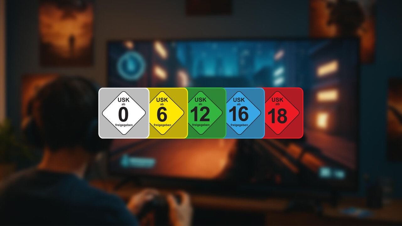 USK-Alterskennzeichnungssystem mit f&uuml;nf farbigen W&uuml;rfeln von 0 bis 18, die verschiedene Altersfreigaben f&uuml;r digitale Unterhaltung symbolisieren, vor einem unscharfen Gaming-Hintergrund.