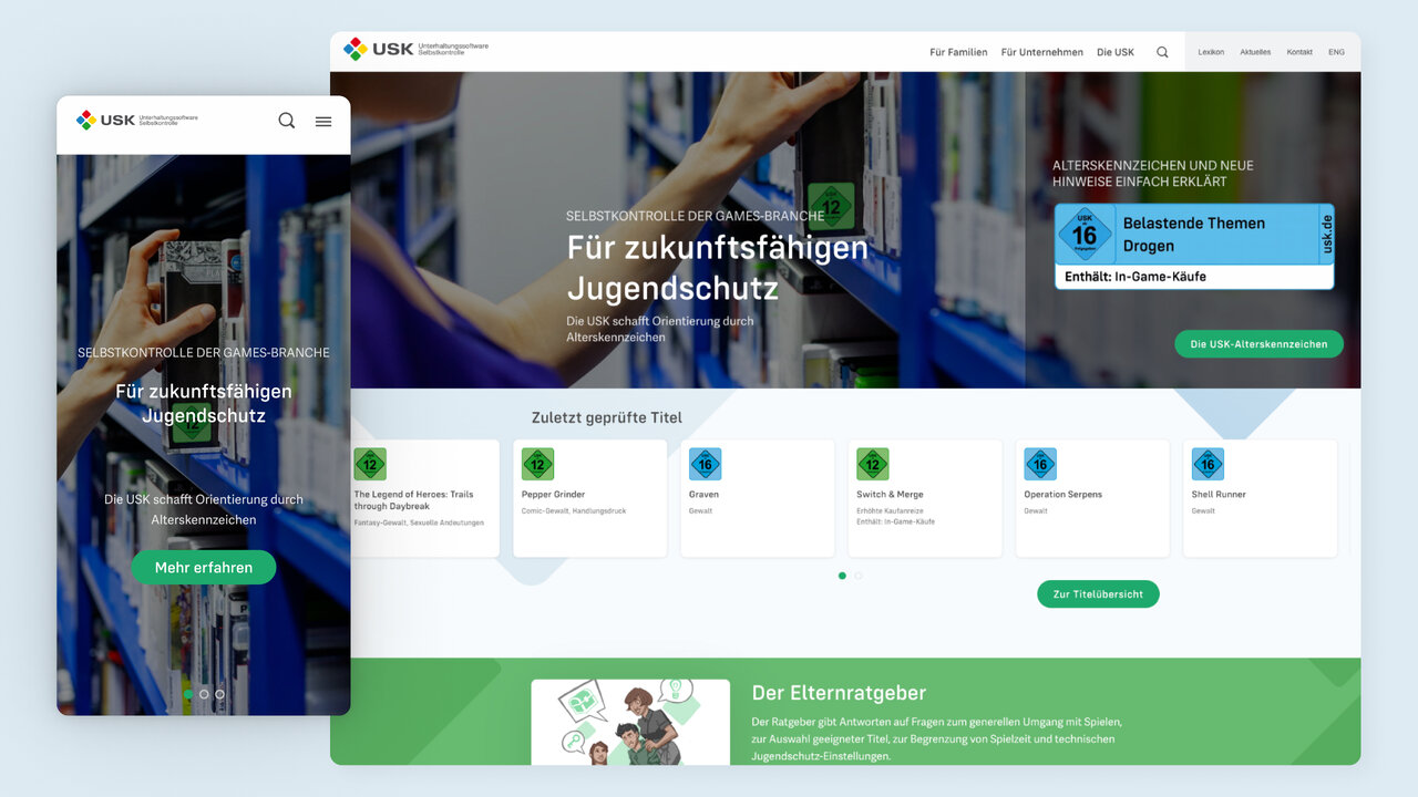 Website-Relaunch der USK mit &uuml;bersichtlichem, gr&uuml;n-blauem Design zeigt Navigationsmen&uuml; und Startseite mit Fokus auf Jugendschutz im digitalen Raum. Klare Strukturierung und responsive Gestaltung erm&ouml;glichen einfachen Zugang zu komplexen Informationen f&uuml;r verschiedene Zielgruppen.