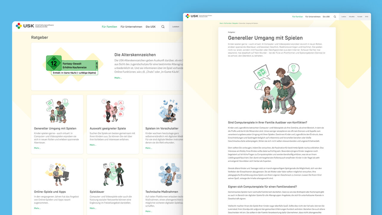 Zwei Webseiten-Bildschirme des USK-Website-Redesigns mit illustrativen Grafiken, die verschiedene Konstellationen von Eltern und Kindern in digitalen Spielsituationen zeigen, in einem Clean-Design mit blau-gelber Farbpalette.