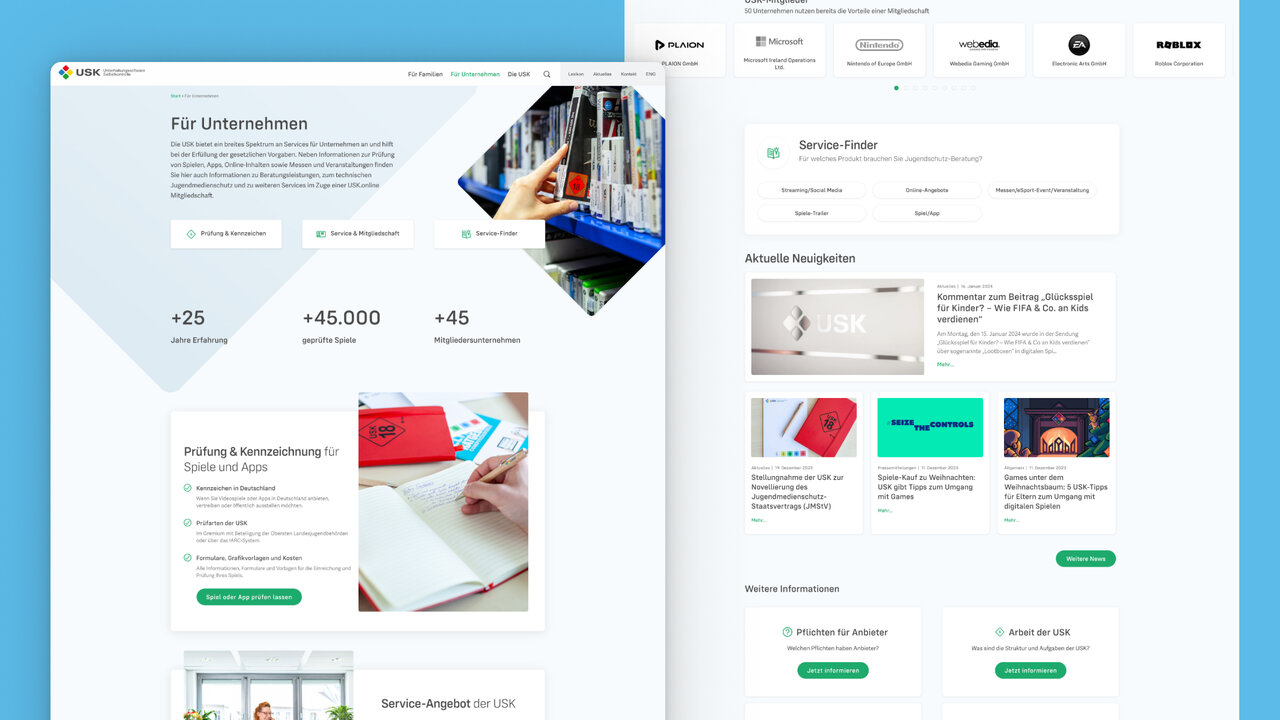 Responsives Webdesign f&uuml;r die USK-Website mit &uuml;bersichtlichen Sektionen, Screenshots und Navigationsmen&uuml;s, die komplexe Inhalte zu Jugendschutz und Digitalisierung klar und zug&auml;nglich strukturieren.