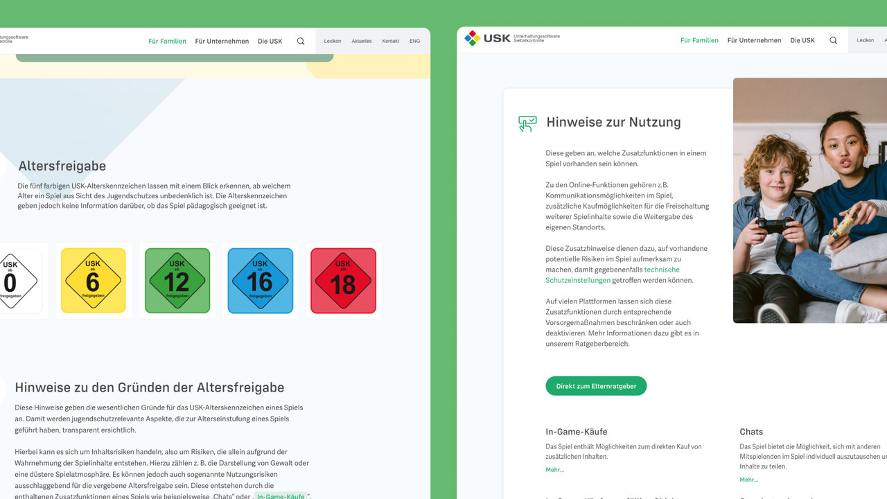USK-Website-Screenshot mit Altersfreigabe-Symbolen in verschiedenen Farben (0, 6, 12, 16, 18) und einer Seite mit Hinweisen zur Nutzung, auf der zwei Personen mit einem Spielcontroller zu sehen sind.