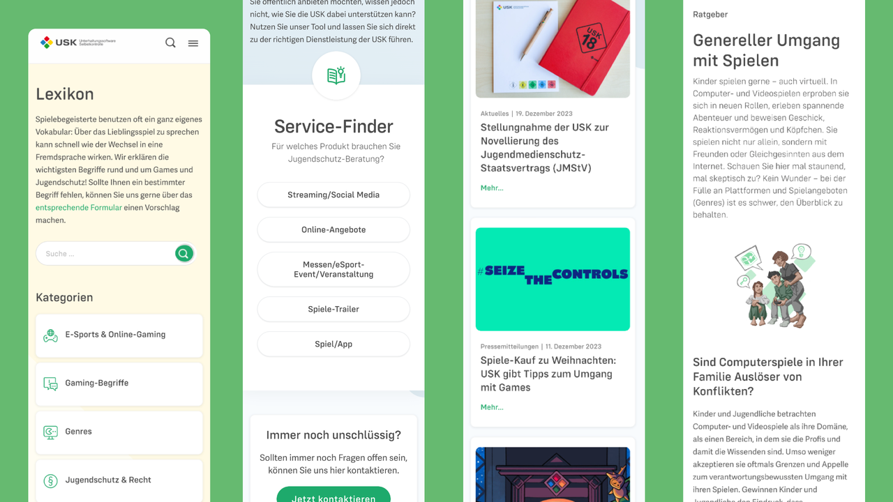 Mehrere Bildschirmseiten des neu gestalteten USK-Webauftritts, die eine klare und &uuml;bersichtliche Benutzeroberfl&auml;che mit Navigationselementen, Textbl&ouml;cken und grafischen Elementen in gr&uuml;n und wei&szlig; zeigen, welche die Themen Jugendschutz, Alterskennzeichnung und Digitalisierung von Spielen strukturiert und zug&auml;nglich pr&auml;sentieren.