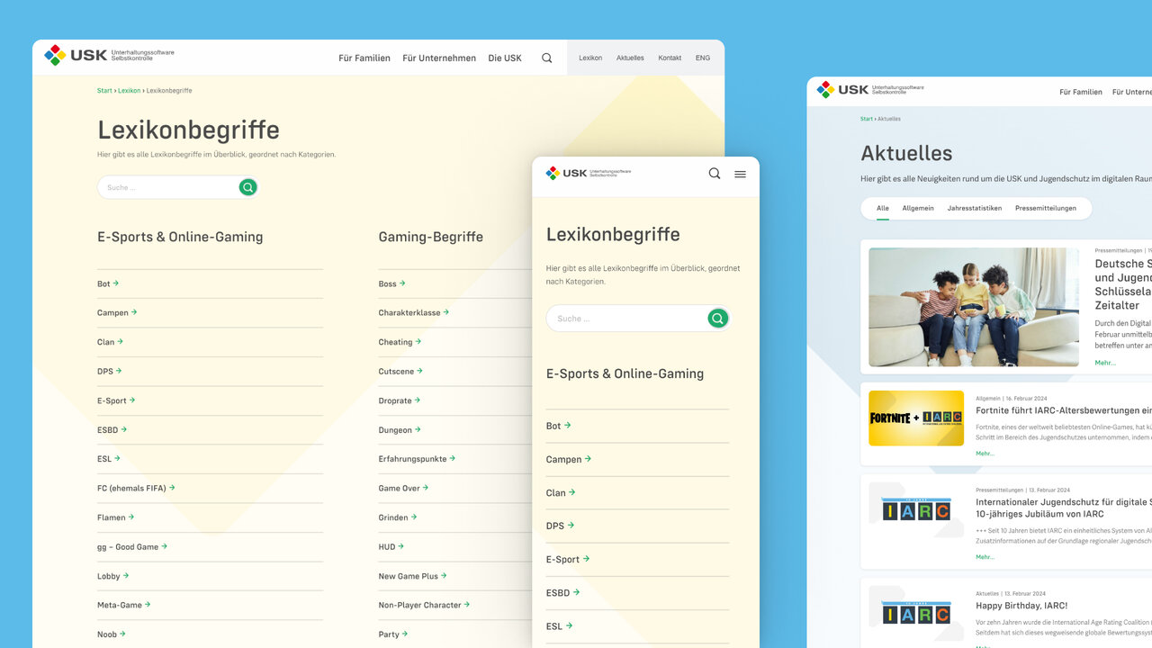 Drei Bildschirmansichten der neu gestalteten USK-Website mit Lexikonbegriffen und Navigationselementen, dargestellt auf verschiedenen Ger&auml;ten mit &uuml;bersichtlichem, benutzerfreundlichem Design in Blau- und Gelbt&ouml;nen.