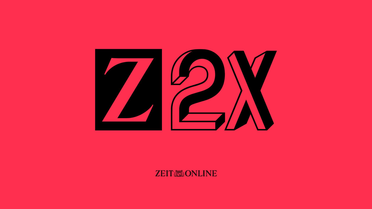 Z2X-Logo in Schwarz auf knallrotem Hintergrund, Design f&uuml;r das Festival der neuen Vision&auml;re von ZEIT ONLINE, mit klarer, kraftvoller Typografie.