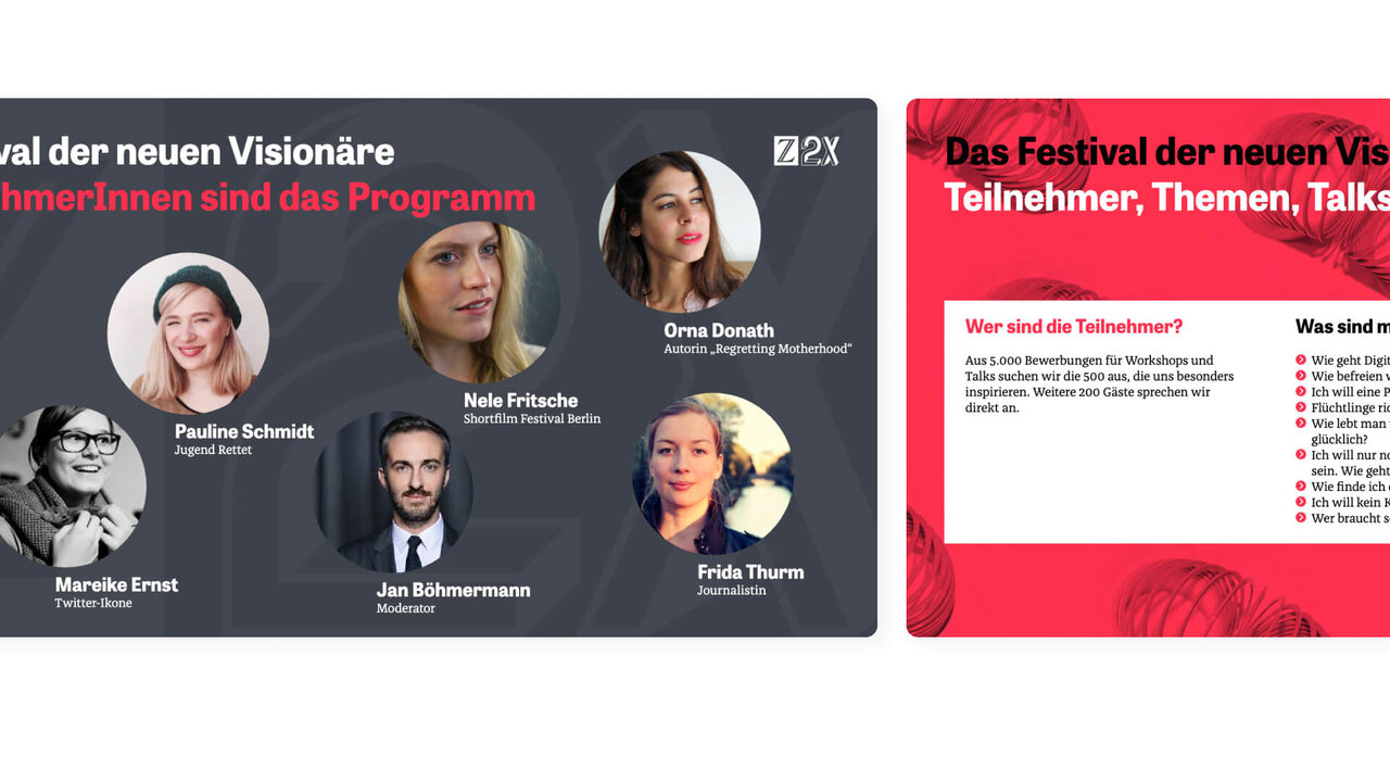 Sechs Portr&auml;ts von Teilnehmenden des Z2X-Festivals der neuen Vision&auml;re von ZEIT ONLINE, mit einem Seitenlayout, das die Gesichter und Namen der Mitwirkenden in einem professionellen, grafischen Stil pr&auml;sentiert.