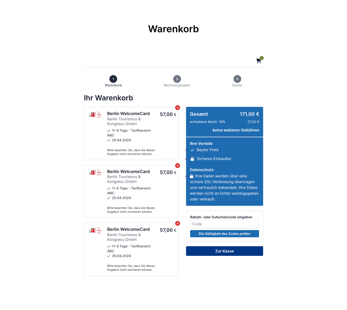 Warenkorb f&uuml;r Berlin WelcomeCard mit drei identischen Eintr&auml;gen. Gesamtbetrag von 171,00 &euro; und Option zur Bestellung oder zum Weiteren Einkaufen.