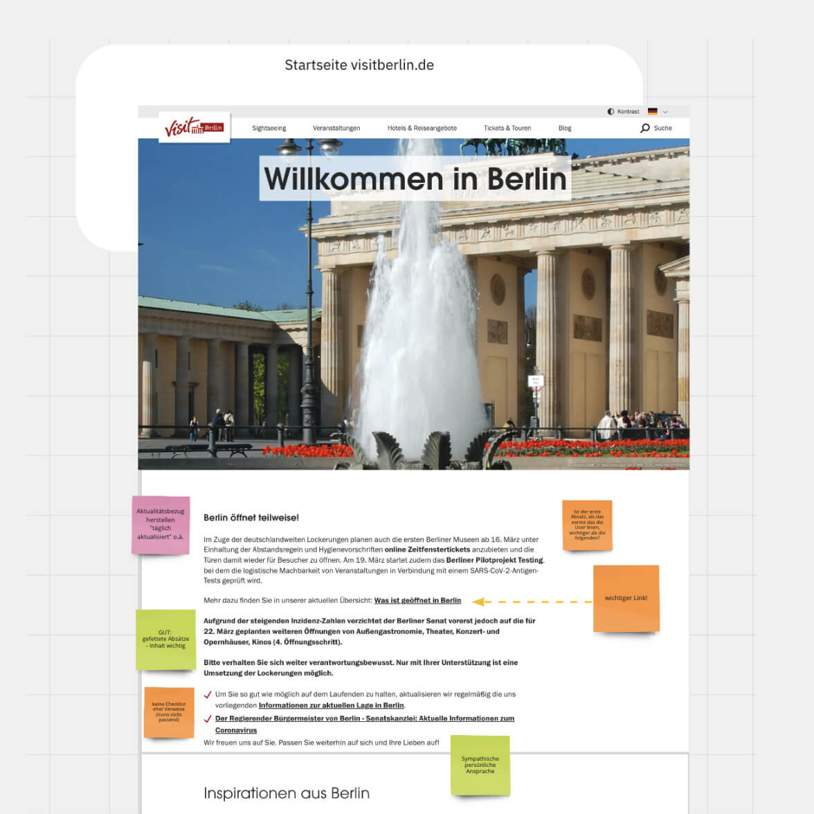 Startseite von visitBerlin.de mit einem Willkommens-Banner und Foto des Brandenburger Tors, im Vordergrund eine gro&szlig;e Font&auml;ne vor neoklassizistischer Architektur, die die Sch&ouml;nheit und Atmosph&auml;re Berlins einf&auml;ngt.
