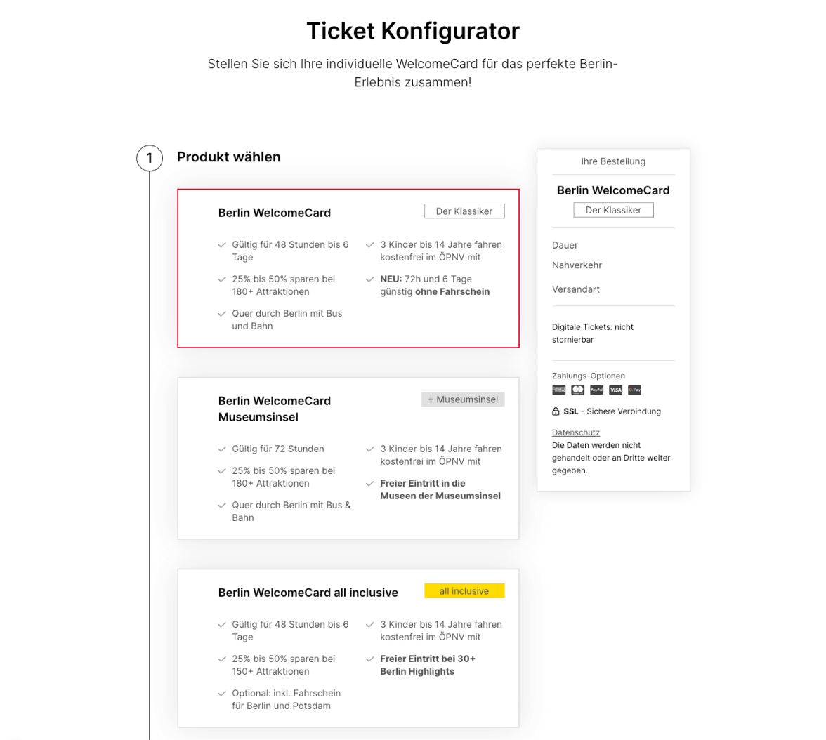 Ticket-Konfigurator f&uuml;r Berlin WelcomeCard mit drei Auswahloptionen: Standard, Museumscard und All-Inclusive-Variante. Die Benutzeroberfl&auml;che zeigt verschiedene Tickettypen mit Preisen und Leistungen &uuml;bersichtlich aufgelistet.