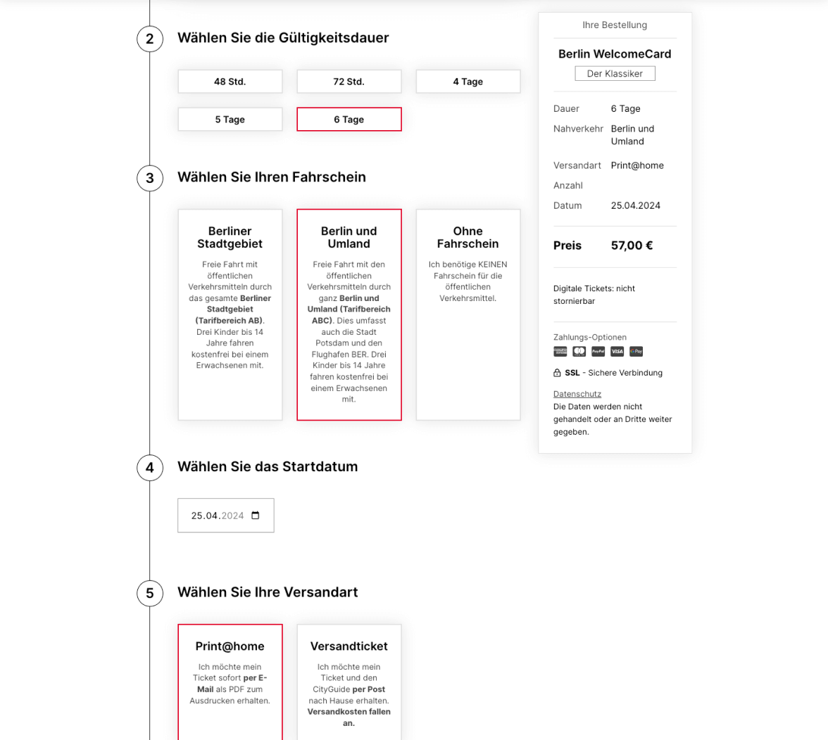 Buchungsformular f&uuml;r eine WelcomeCard in Berlin mit Optionen f&uuml;r G&uuml;ltigkeitsdauer, Fahrscheintyp, Startdatum und Versandart, &uuml;bersichtlich in Schritten dargestellt.