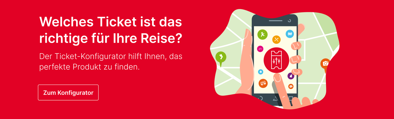 Roter Ticketkonfigurator-Banner mit einem Smartphone, das eine Landkarte und Navigationspunkte zeigt, und dem Text: "Welches Ticket ist richtige f&uuml;r Ihre Reise? Der Ticket-Konfigurator hilft Ihnen, das perfekte Produkt zu finden.