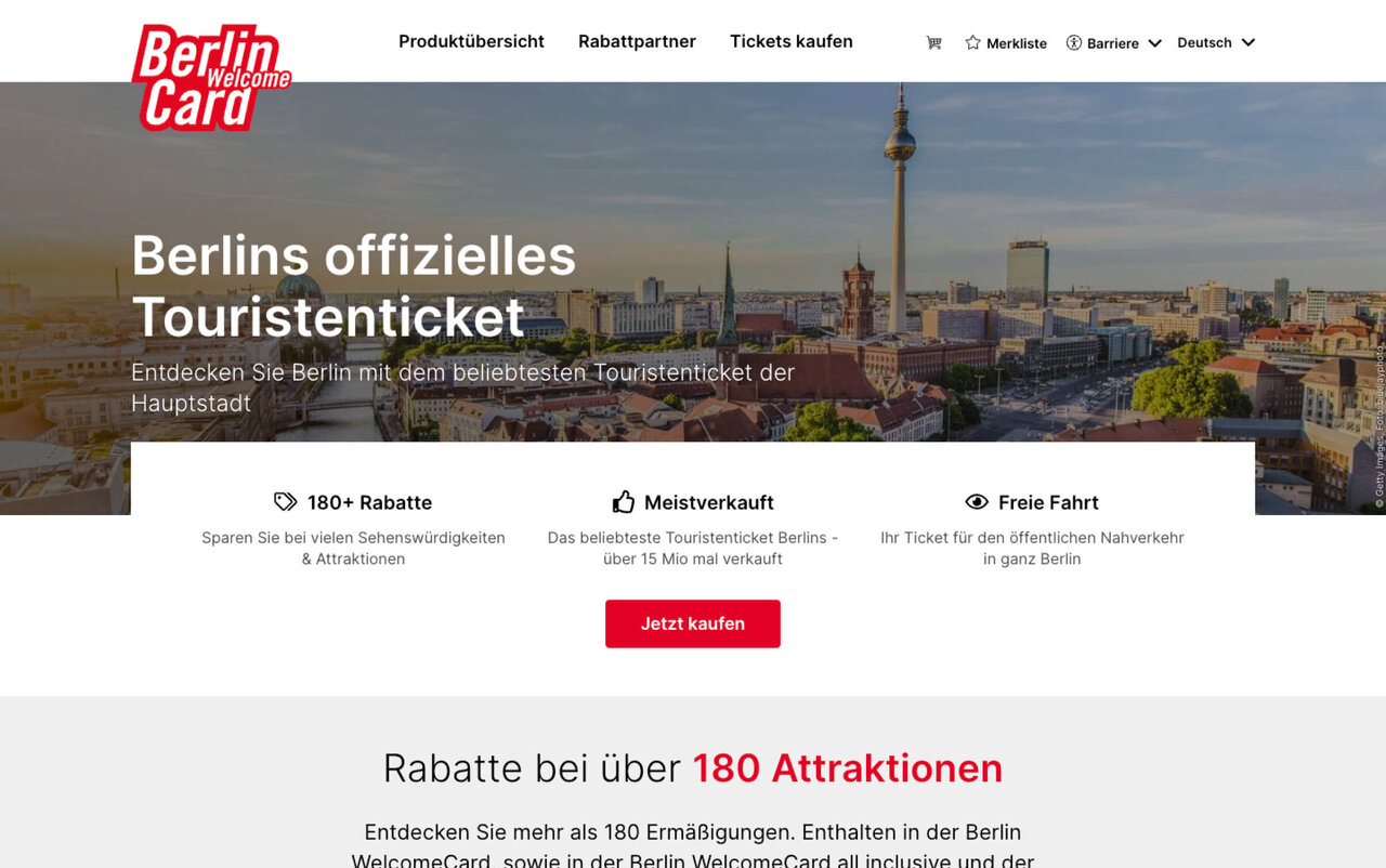 Startseite der Berlin WelcomeCard mit Stadtpanorama, Berliner Fernsehturm und &Uuml;bersicht &uuml;ber Rabatte bei &uuml;ber 180 Attraktionen f&uuml;r Touristen in Berlin.