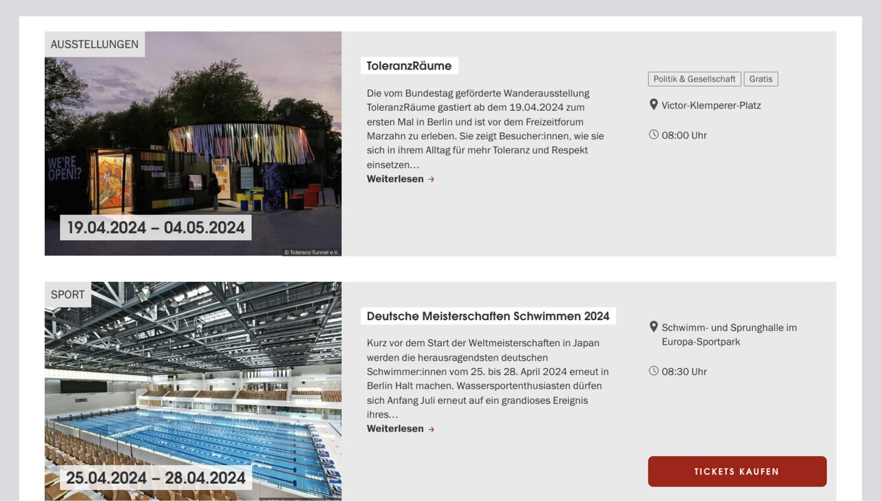 Zwei Veranstaltungsank&uuml;ndigungen auf einer Website: Eine Ausstellung mit bunten Exponaten vom 19.04. bis 04.05.2024 und eine Deutsche Meisterschaft Schwimmen vom 25.04. bis 28.04.2024 mit Blick in eine Schwimmhalle.