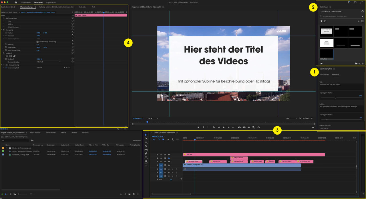 Screenshot der Adobe Premiere Pro-Benutzeroberfl&auml;che mit ge&ouml;ffnetem Videoprojekt, der Zeitachse und einem Vorschaufenster mit dem Text &bdquo;Hier steht der Titel des Videos".