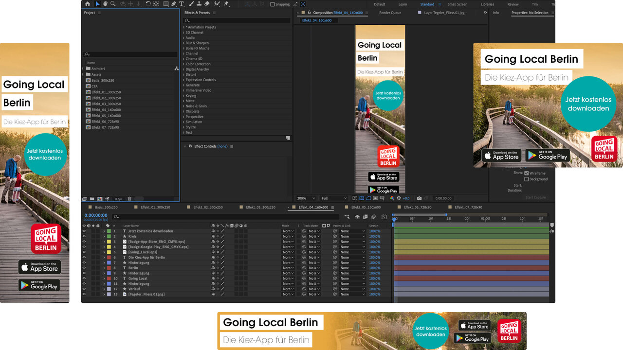 Screenshot von Adobe After Effects mit einem Projekt f&uuml;r "Going Local Berlin", das verschiedene Design-Layouts und Arbeitsbereiche f&uuml;r eine Tourismusanwendung zeigt, mit Farbpaletten und Vorschauversionen der mobilen Benutzeroberfl&auml;che.