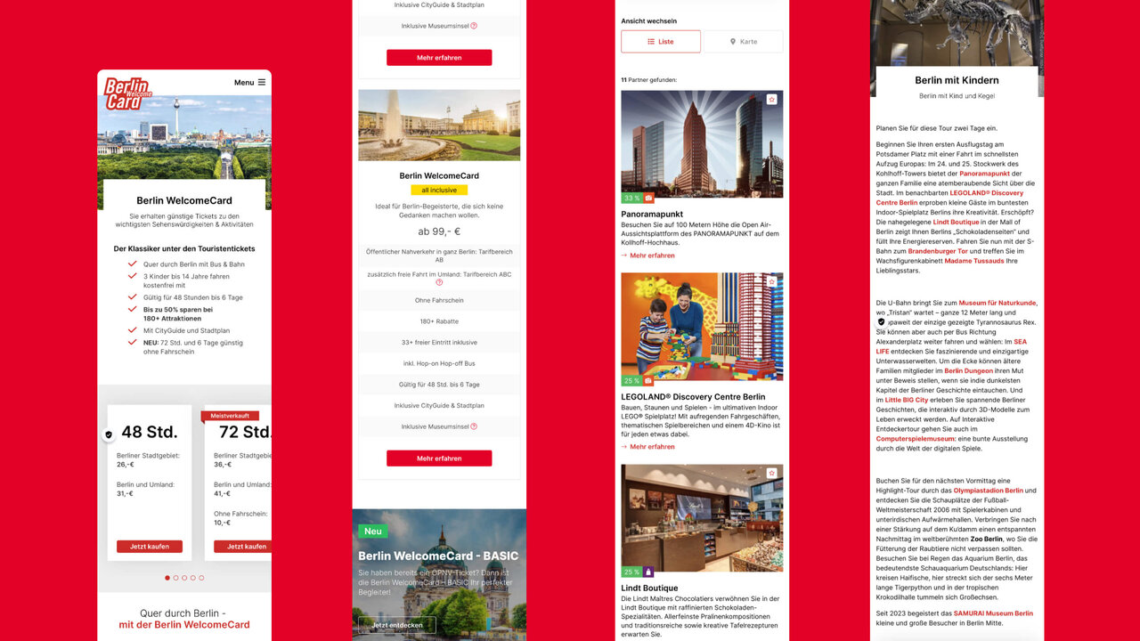Responsive Website-Design f&uuml;r visitBerlin mit Screenshots von Webseiten, mobilen Ansichten und Stadtfotos, die die digitale Benutzeroberfl&auml;che und visuelle Markenidentit&auml;t des Tourismus-Portals pr&auml;sentieren.