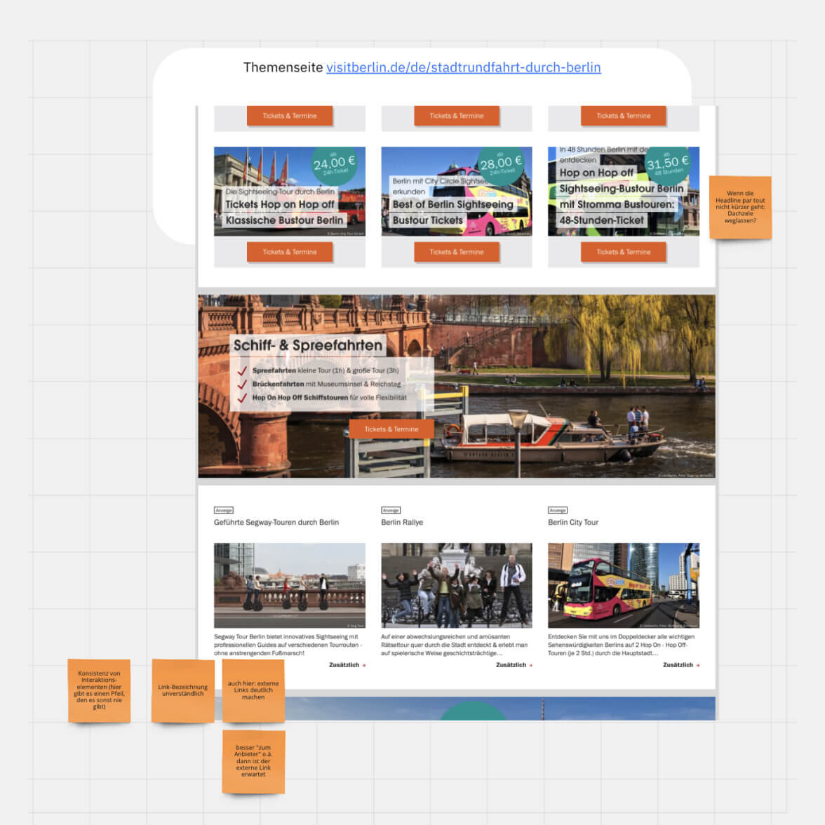 &Uuml;bersichtsseite der visitBerlin-Website mit touristischen Angeboten wie Stadtrundfahrten, Schiff- und Spreefahrten sowie Reisebildern von Berlin, pr&auml;sentiert in einem responsiven Webseitendesign mit orangefarbenen Navigations- und Buchungselementen.