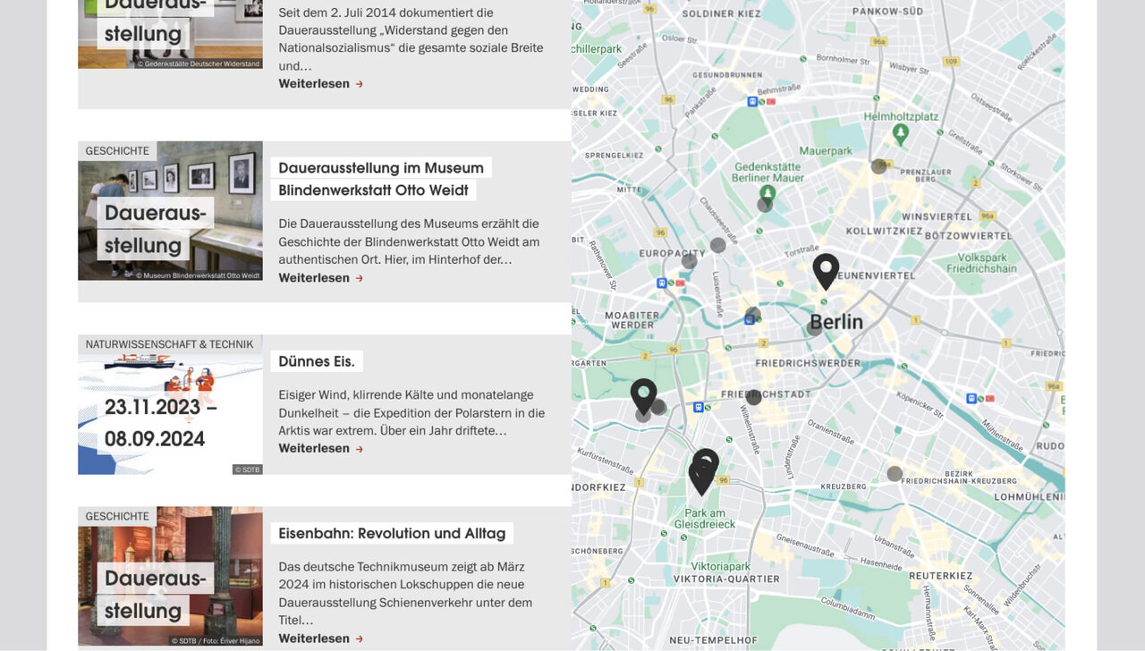 Digitale Kartenansicht von Berlin mit mehreren Standort-Markierungen und Seitenleiste mit kulturellen Veranstaltungen wie Dauerausstellung im Museum und Eisenbahn-Ausstellung, &uuml;bersichtlich pr&auml;sentiert auf einer Projektwebsite.