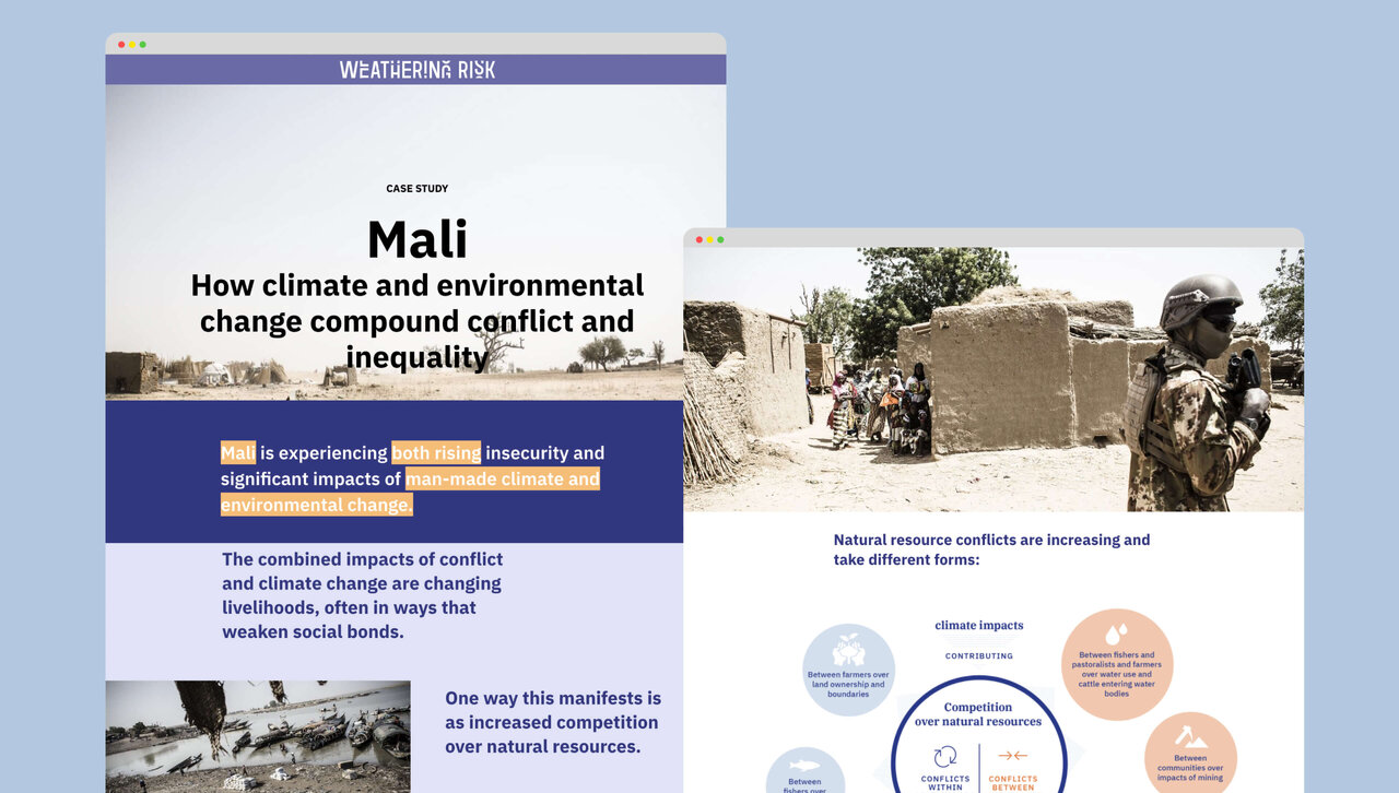 Projektwebsite von Weathering Risk &uuml;ber Klimawandel und Konflikte in Mali, mit Grafiken und Screenshots, die Zusammenh&auml;nge zwischen Umweltver&auml;nderungen, Konflikten und sozialer Ungleichheit visualisieren.