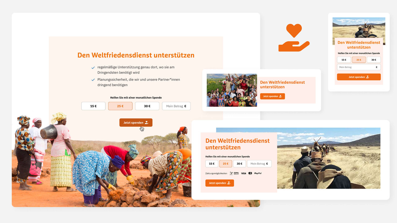 Website-Design f&uuml;r den Weltfriedensdienst mit orangefarbenen Designelementen, der verschiedene Sektionen mit Bildern von Menschen in Afrika bei der Arbeit und Landschaftsaufnahmen zeigt. Die Webseite pr&auml;sentiert Projektinformationen und Spendenoptionen mit einem klaren, engagierten visuellen Ansatz.