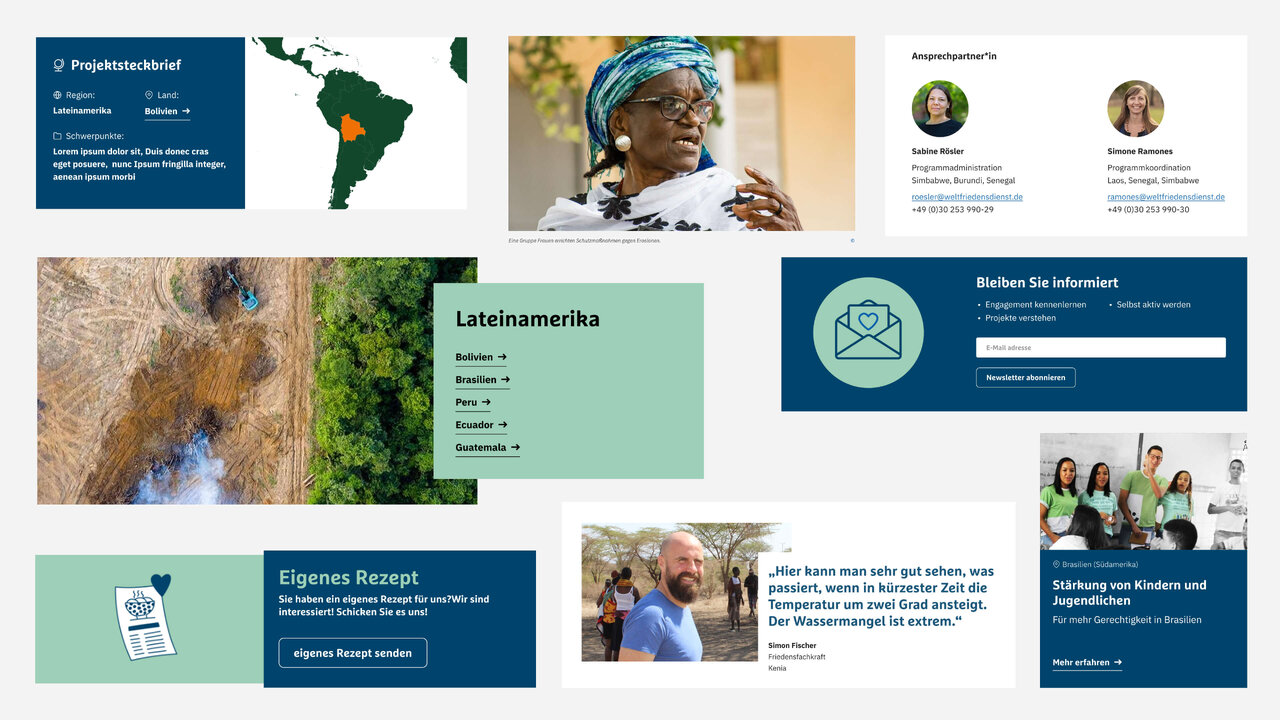 Projektkacheln des Weltfriedensdiensts mit Landkarte von Lateinamerika, Portr&auml;tfotos von Menschen unterschiedlichen Alters und Hintergrundes sowie Website-Design-Elementen in gr&uuml;n-blauen Farbt&ouml;nen, die globales soziales Engagement visuell erz&auml;hlen.