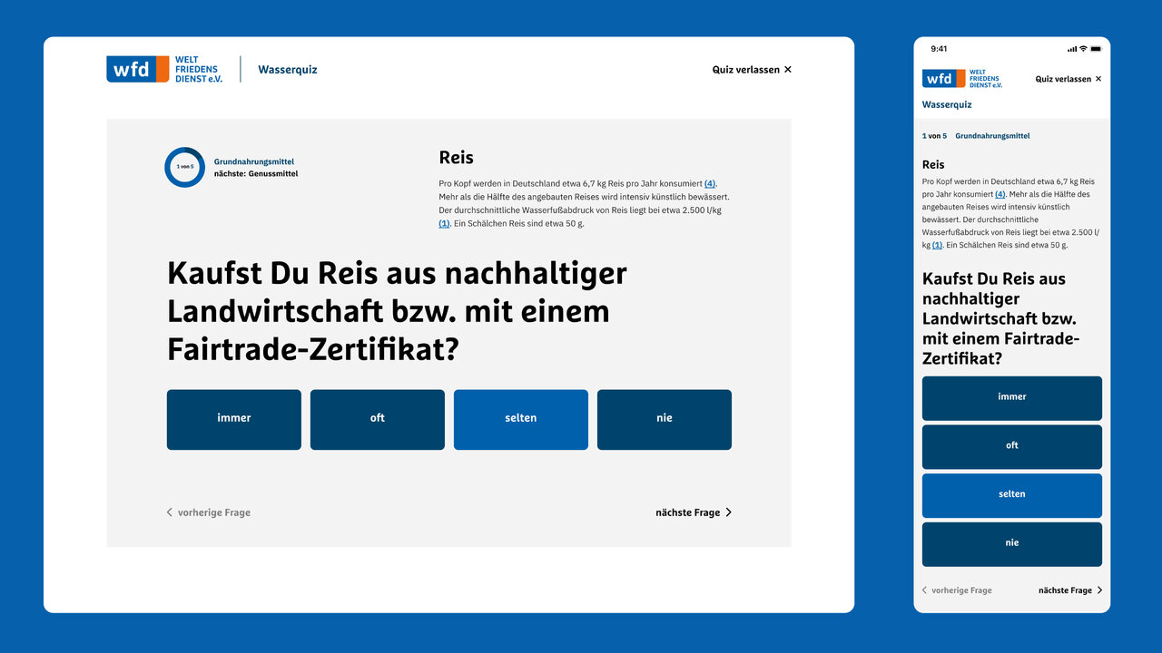 Zwei Screenshots einer Website mit einer Frage zur Kaufentscheidung f&uuml;r Reis aus nachhaltiger Landwirtschaft oder mit Fairtrade-Zertifikat, dargestellt in Desktop- und mobiler Ansicht.