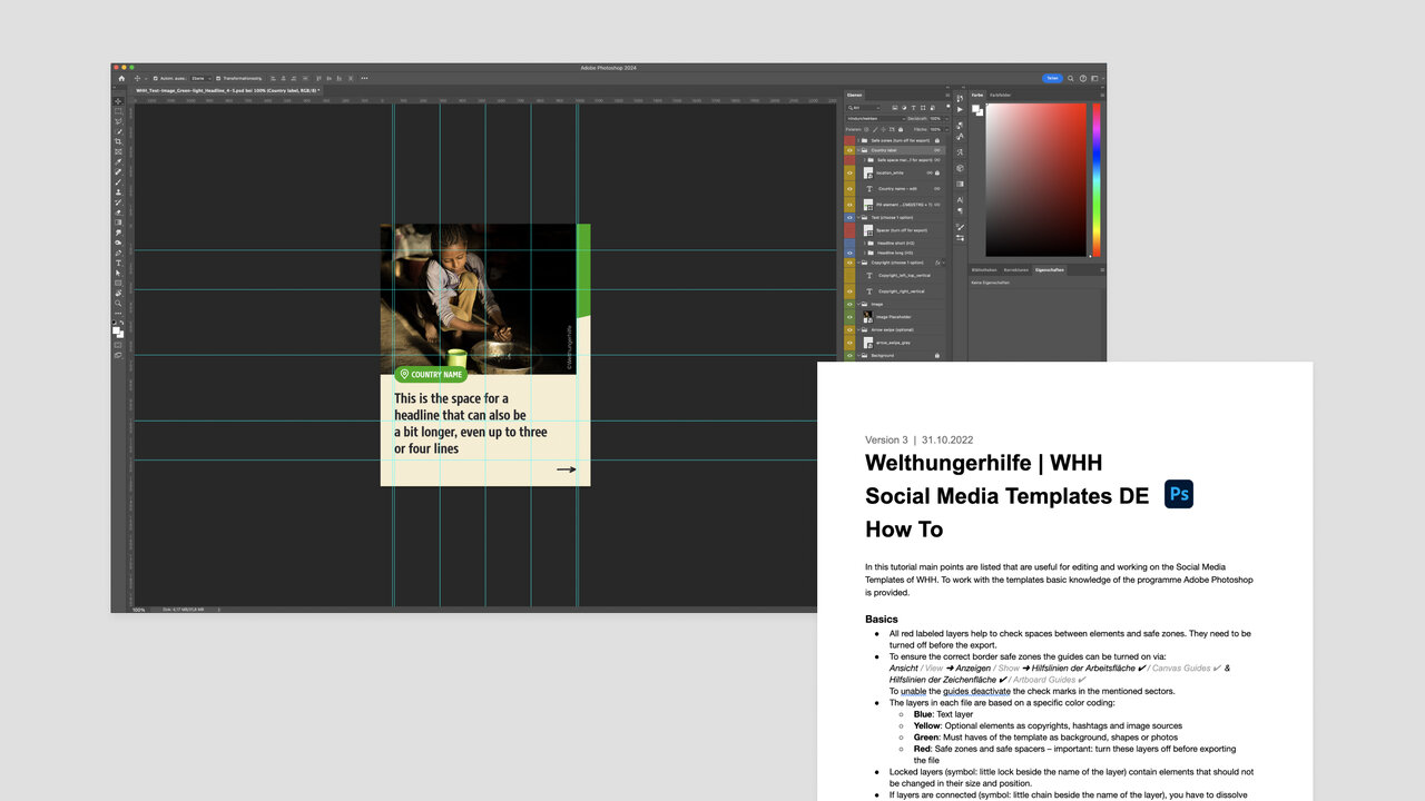 Adobe Photoshop-Bildschirm mit ge&ouml;ffnetem Social-Media-Design f&uuml;r Welthungerhilfe neben einem Dokument mit Anleitungen zur Erstellung von Social-Media-Vorlagen.