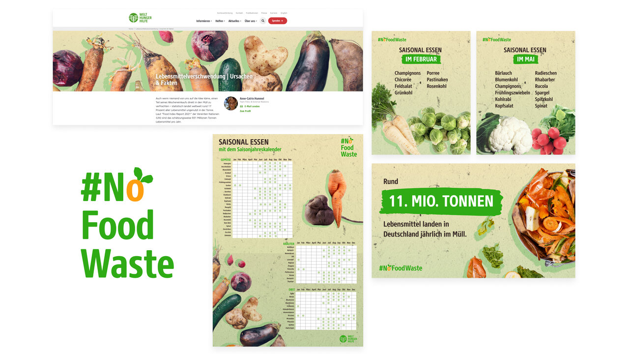 Kollage von Design-Elementen zur #NoFoodWaste Kampagne mit Grafiken von Gem&uuml;se, Kalendern und Infografiken in gr&uuml;n-beigen Farbt&ouml;nen zur Sensibilisierung f&uuml;r Lebensmittelverschwendung.