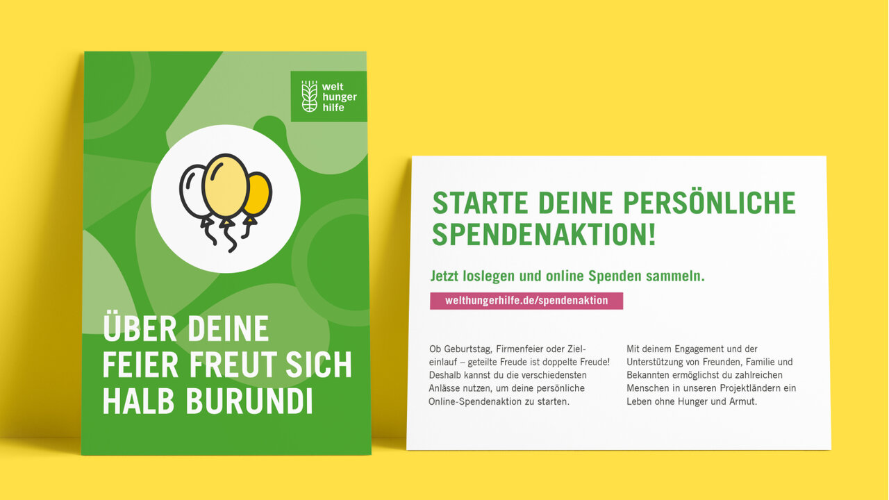Gr&uuml;nes Plakat mit gelben Hintergrund f&uuml;r eine Spendenaktionswerbung. Auf dem Plakat sind Ballons und Text in Gr&uuml;n, der zur pers&ouml;nlichen Spendensammlung f&uuml;r Burundi aufruft.