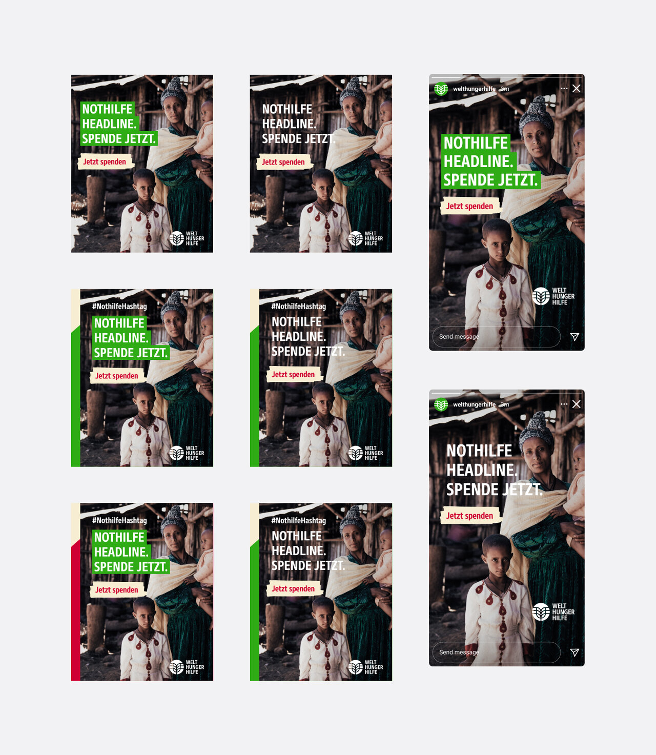Mehrere Varianten eines Plakatentwurfs f&uuml;r Welthungerhilfe mit verschiedenen gr&uuml;nen und wei&szlig;en Farbakzenten, die einen Mann in wei&szlig;em Hemd und roten Details zeigen. Die Designvarianten pr&auml;sentieren unterschiedliche Layouts und Farbintensit&auml;ten f&uuml;r die Kampagne mit dem Aufruf "Nothilfe Headline Spende Jetzt".