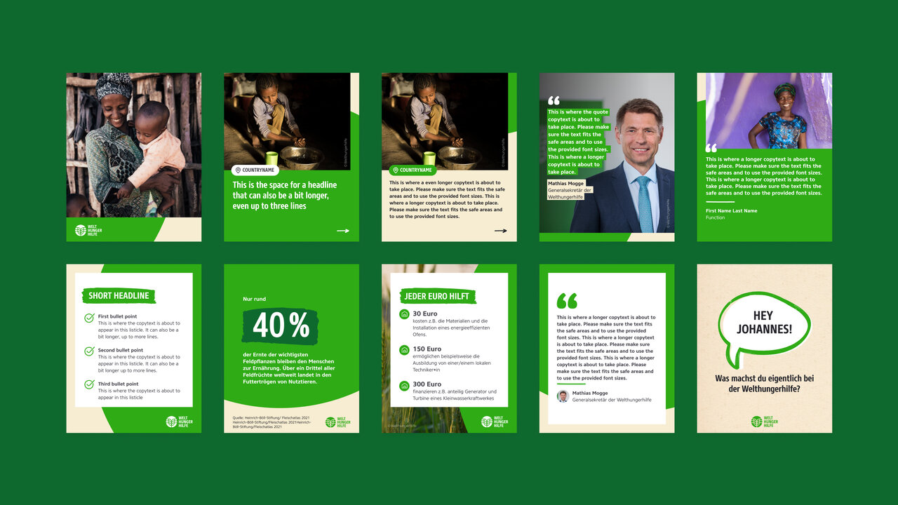Grid mit verschiedenen Designelementen f&uuml;r eine Kampagne der Welthungerhilfe, darunter Fotocollagen, Profilbild eines Mannes im Anzug, Statistikgrafiken und Zitate in gr&uuml;n-wei&szlig;em Layout, die auf eine Kommunikationsstrategie zur Bek&auml;mpfung von Hunger und Armut hinweisen.