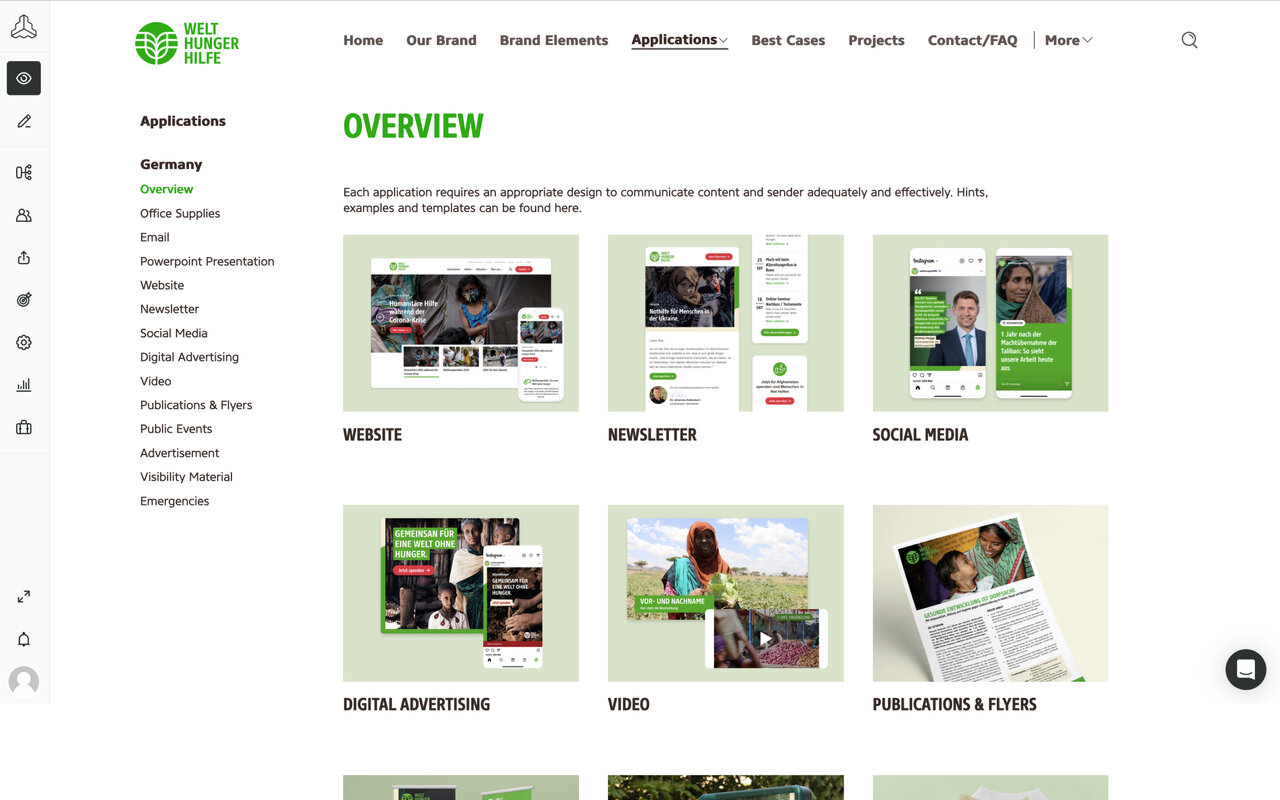 Projekt&uuml;bersicht der Welthungerhilfe mit verschiedenen Designelementen wie Website, Newsletter, Social Media, digitale Werbung, Video und Publikationen in einem Raster-Layout mit gr&uuml;nen und wei&szlig;en Farbt&ouml;nen.
