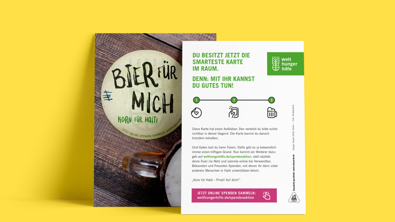 Zweiseitige Projektvorlage mit einem Bier-Kampagnenplakat "Bier f&uuml;r mich" auf gelbem Hintergrund, zeigt ein Designmaterial mit gr&uuml;n-wei&szlig;em Informationsblatt und einem Plakat mit Bierglas.