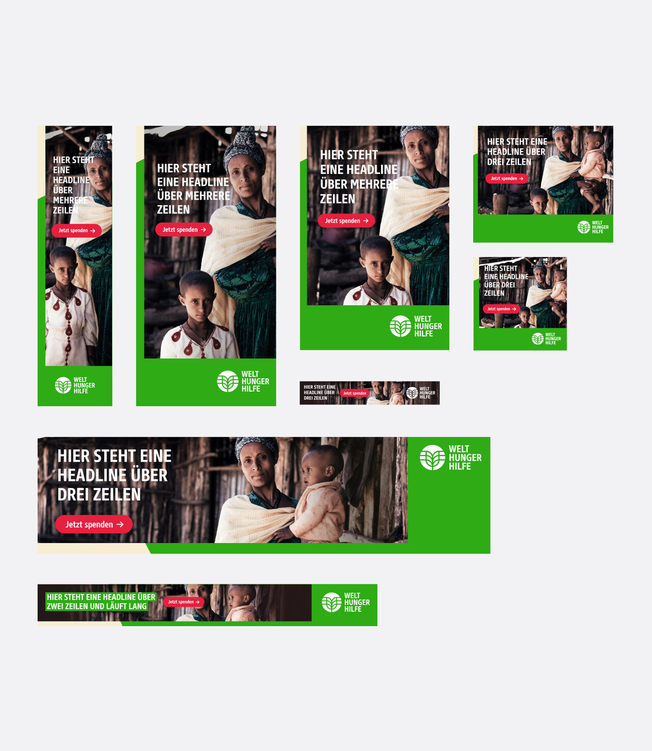 Eine Reihe von Webdesign-Bannern und Anzeigen f&uuml;r Welthungerhilfe mit Fotos von Menschen und dem Logo der Organisation in Gr&uuml;n und Wei&szlig;, die auf die Bek&auml;mpfung von Hunger und Armut aufmerksam machen.
