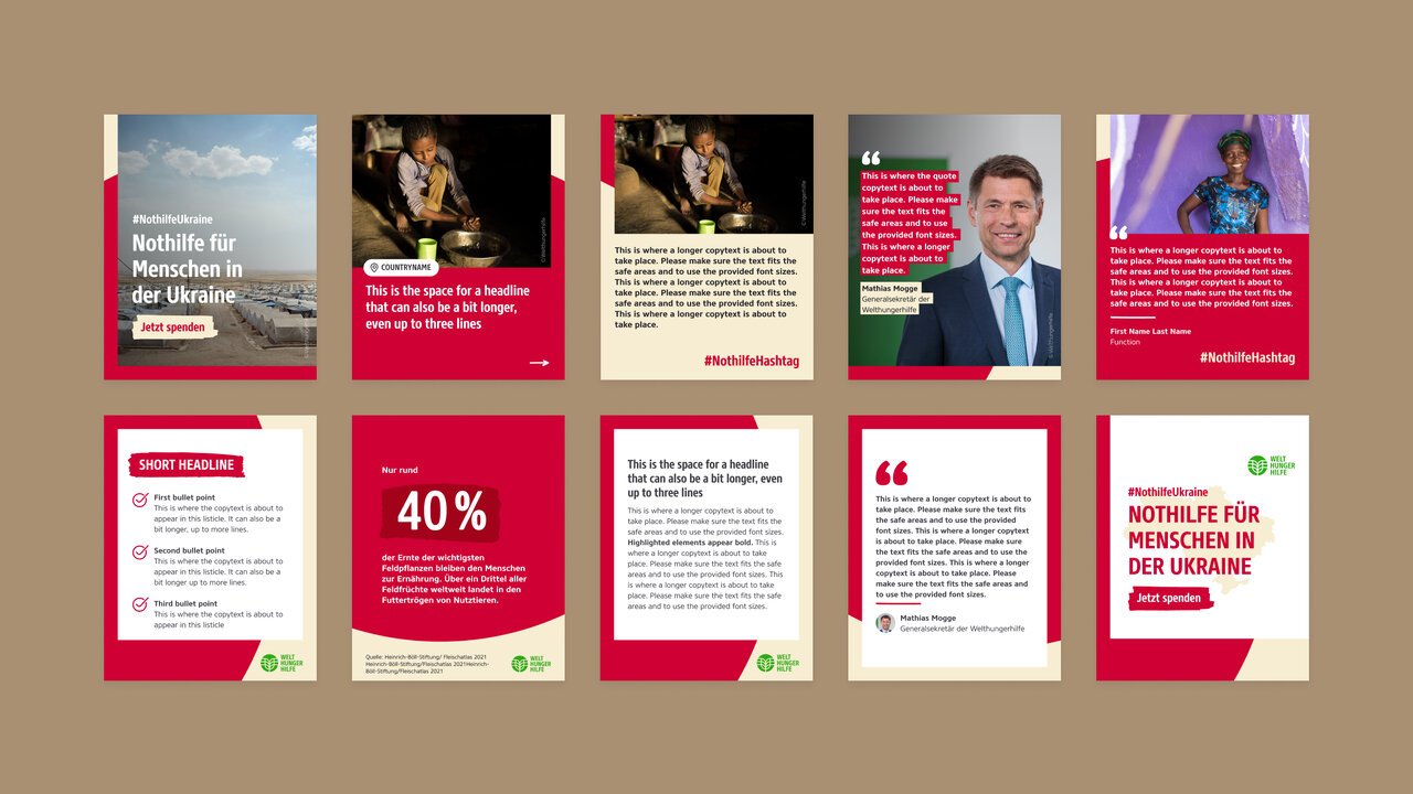 Reihe von Designelementen und Webseiten-Layouts f&uuml;r eine Kampagne der Welthungerhilfe, mit verschiedenen Farben, Grafiken und Textbl&ouml;cken in Rot und Wei&szlig;, die Informationen und Statistiken zur humanit&auml;ren Hilfe pr&auml;sentieren.